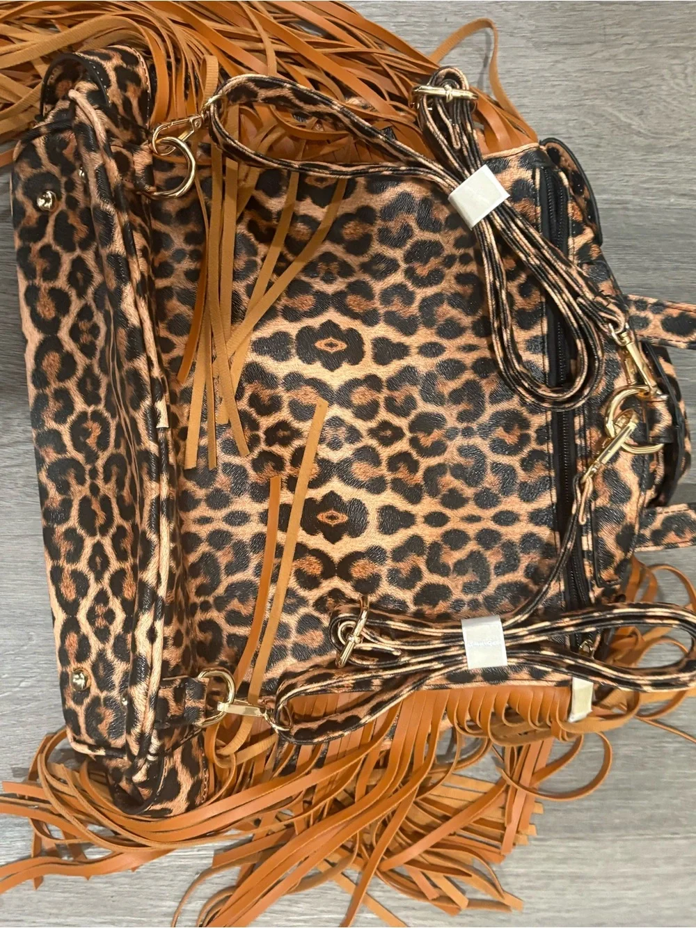 Leopard Print Fringe Backpack Tote - Brown